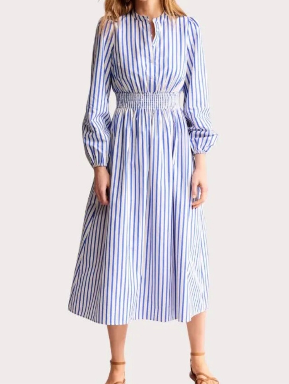 Boden Blue and White Vertical-Stripe Smocked-Waist Midi Dress